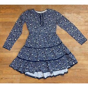 MANTARAY Girls Dress Horse Print Tiered Navy Blue White Age 13-14 Long Sleeves